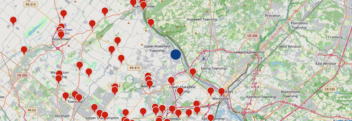 Bucks Bars interactive map with pins marking bars throughout Bucks County
