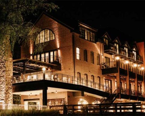 Elegant riverside dining room with jewel-toned velvet armchairs at Odette's