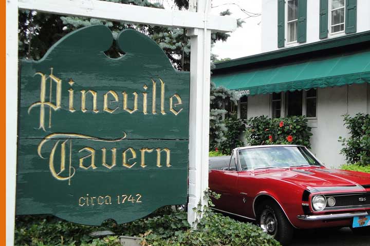 Historic exterior of The Pineville Tavern built in 1742 Bucks County