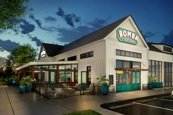 Bomba Tacos Tequila exterior and patio seating in the Village at Newtown PA