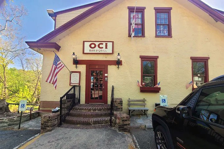 Exterior shot of OCI Bar & Grill near the Neshaminy Creek in Hulmeville